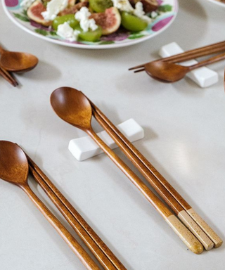 Beige lacquered wooden chopsticks and spoon set